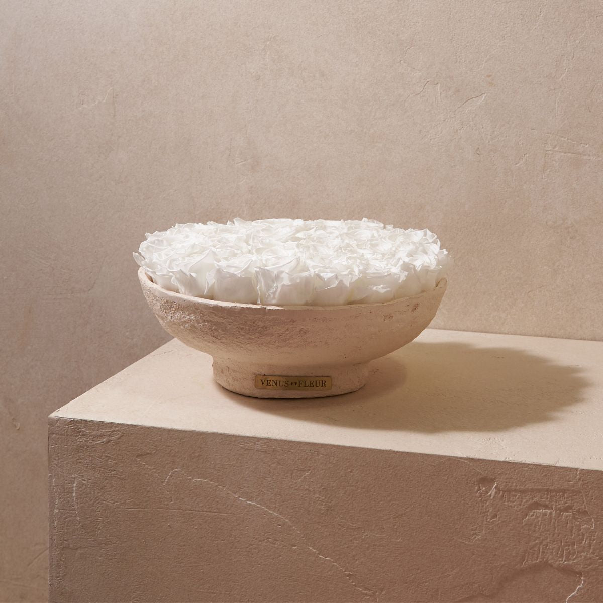 White Eternity Roses in Fleur de Coton Bowl - Venus et Fleur